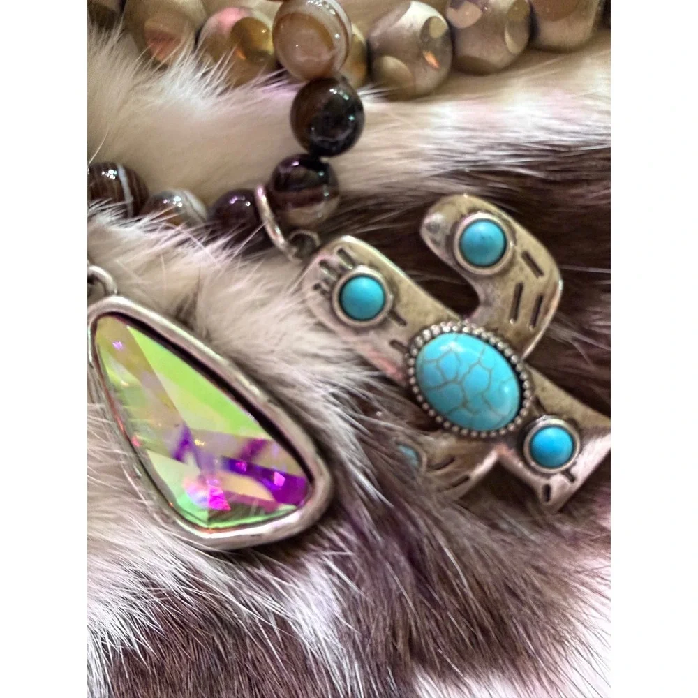 J Coons 8pc Stacker Bracelet Set Boho Turquoise Cactus Wyoming Quarter Charms‎